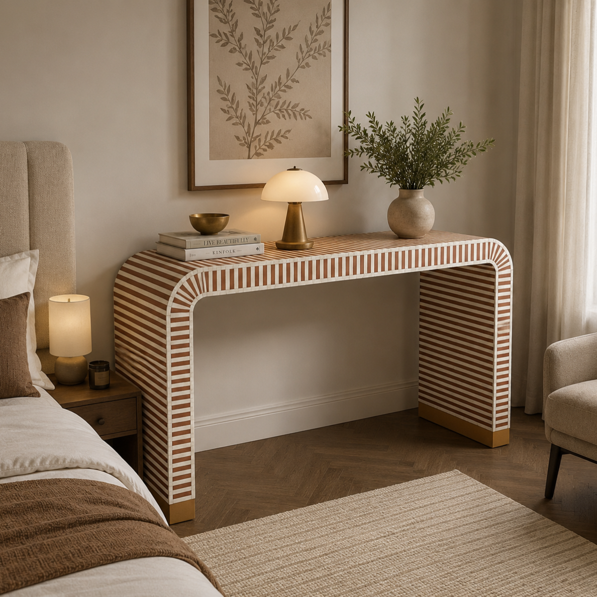 Handmade Stripe Bone Inlay Console Table | Modern Entryway Console Desk