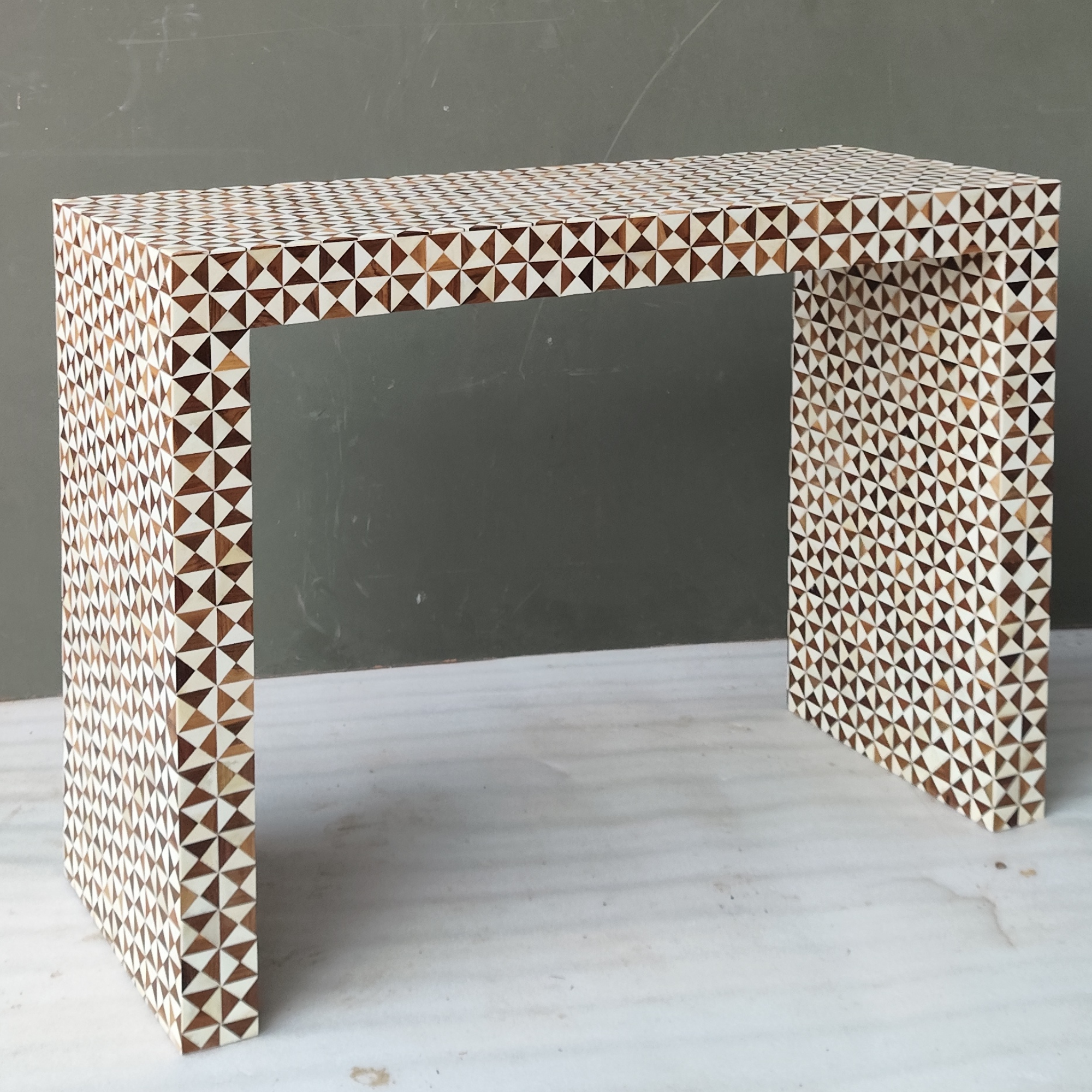 Handmade Bone Inlay Geometric Console Table | Natural Wood & Bone Waterfall Console Table | Modern Entryway Furniture