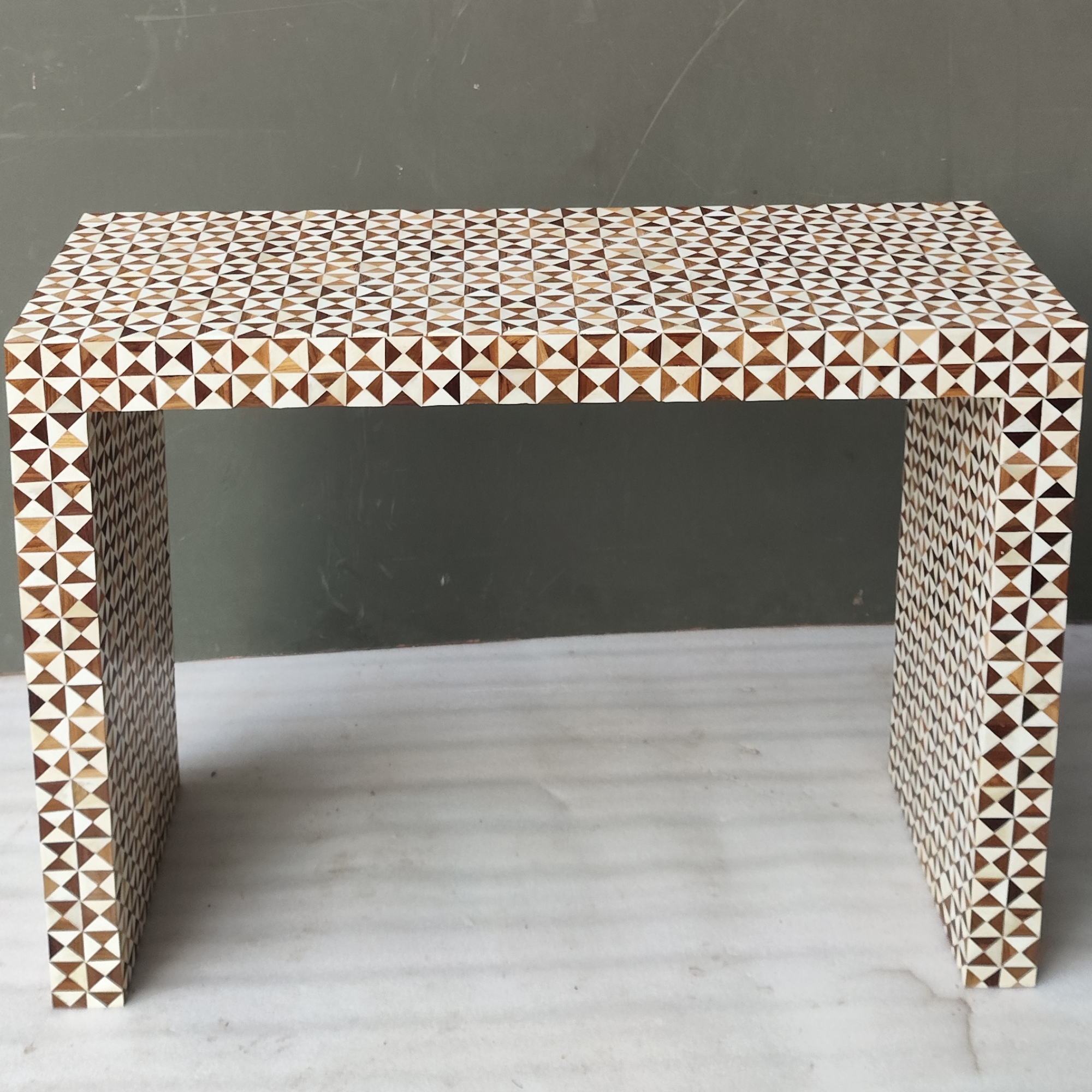 Handmade Bone Inlay Geometric Console Table | Natural Wood & Bone Waterfall Console Table | Modern Entryway Furniture