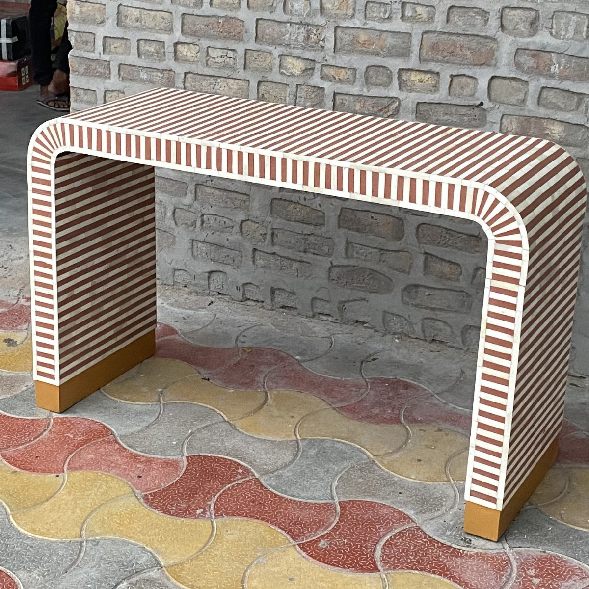 Handmade Stripe Bone Inlay Console Table | Modern Entryway Console Desk