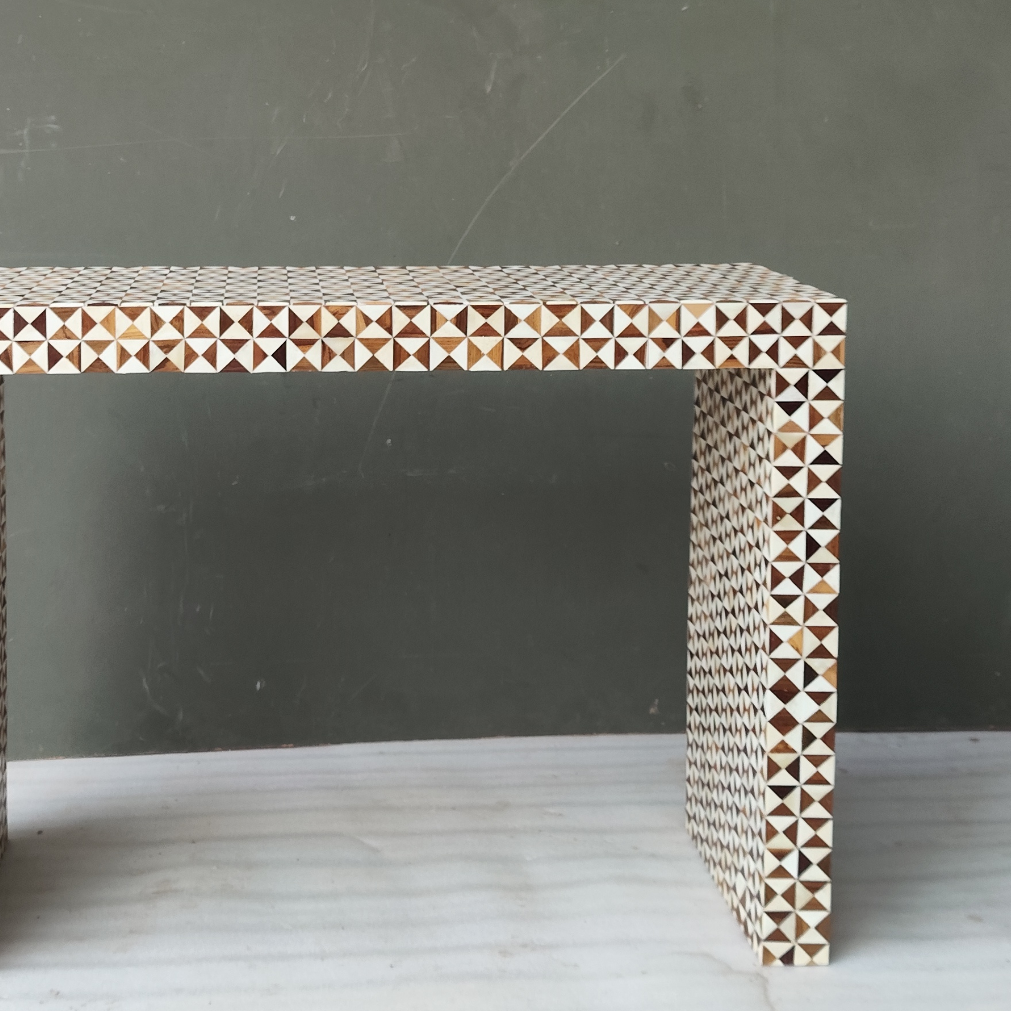 Handmade Bone Inlay Geometric Console Table | Natural Wood & Bone Waterfall Console Table | Modern Entryway Furniture