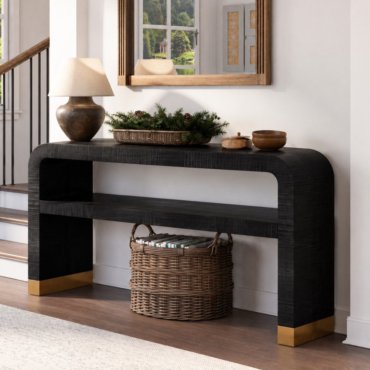 Handmade Black Bone Inlay Console Table with Shelf