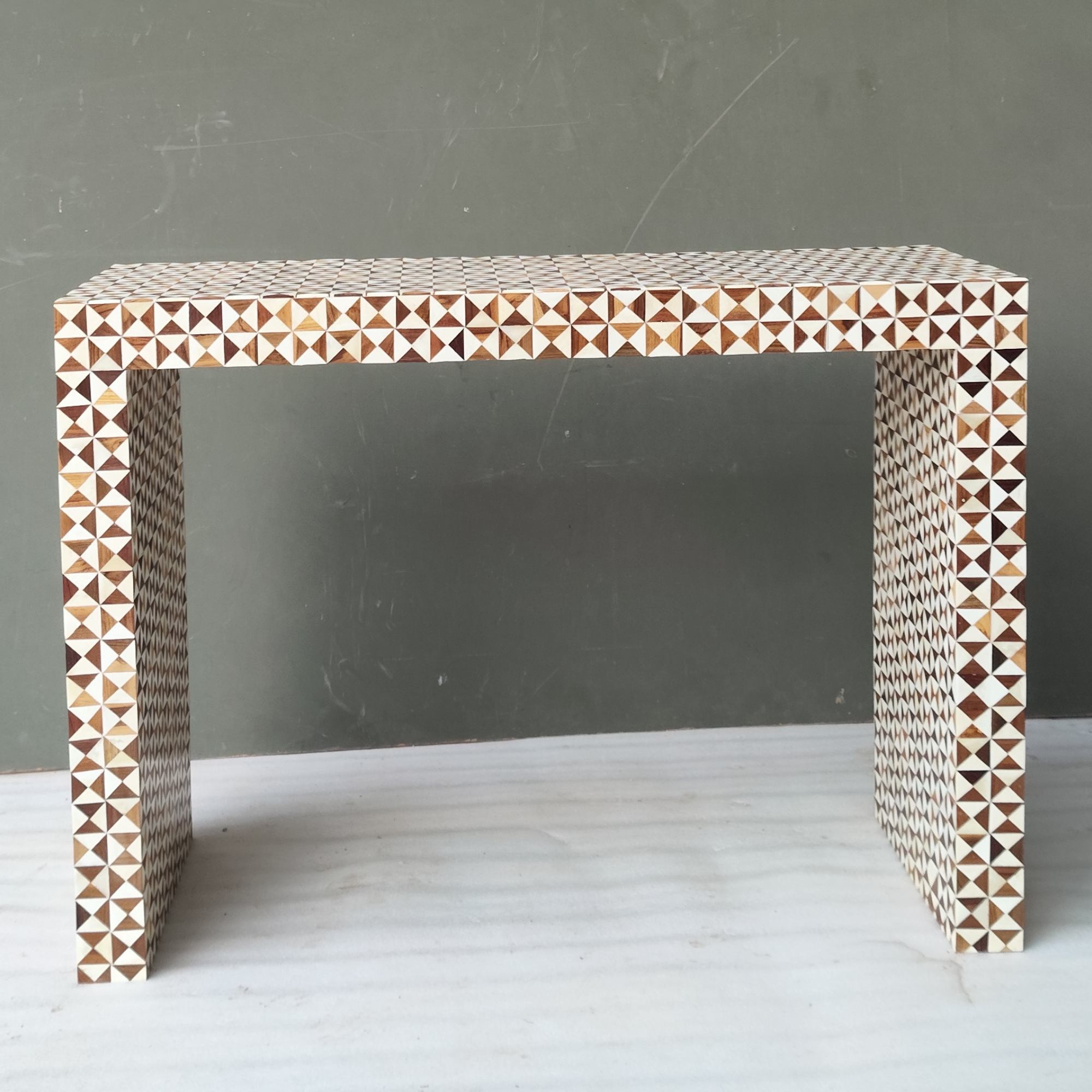 Handmade Bone Inlay Geometric Console Table | Natural Wood & Bone Waterfall Console Table | Modern Entryway Furniture