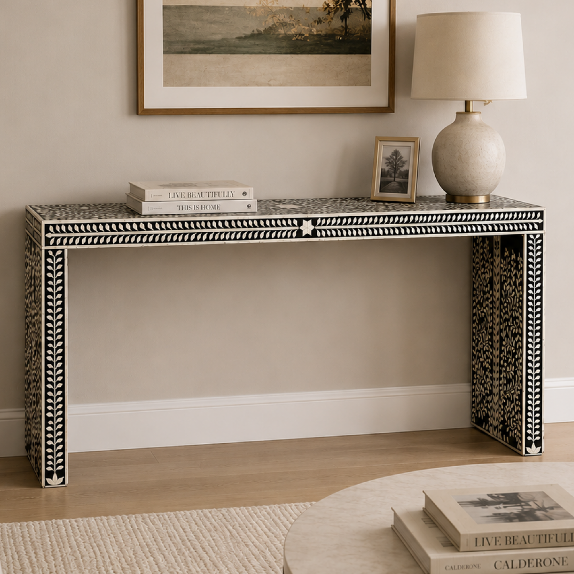 Handmade Black Bone Inlay Floral Waterfall Console Table | Luxury Entryway Console Table | Modern Hallway Furniture