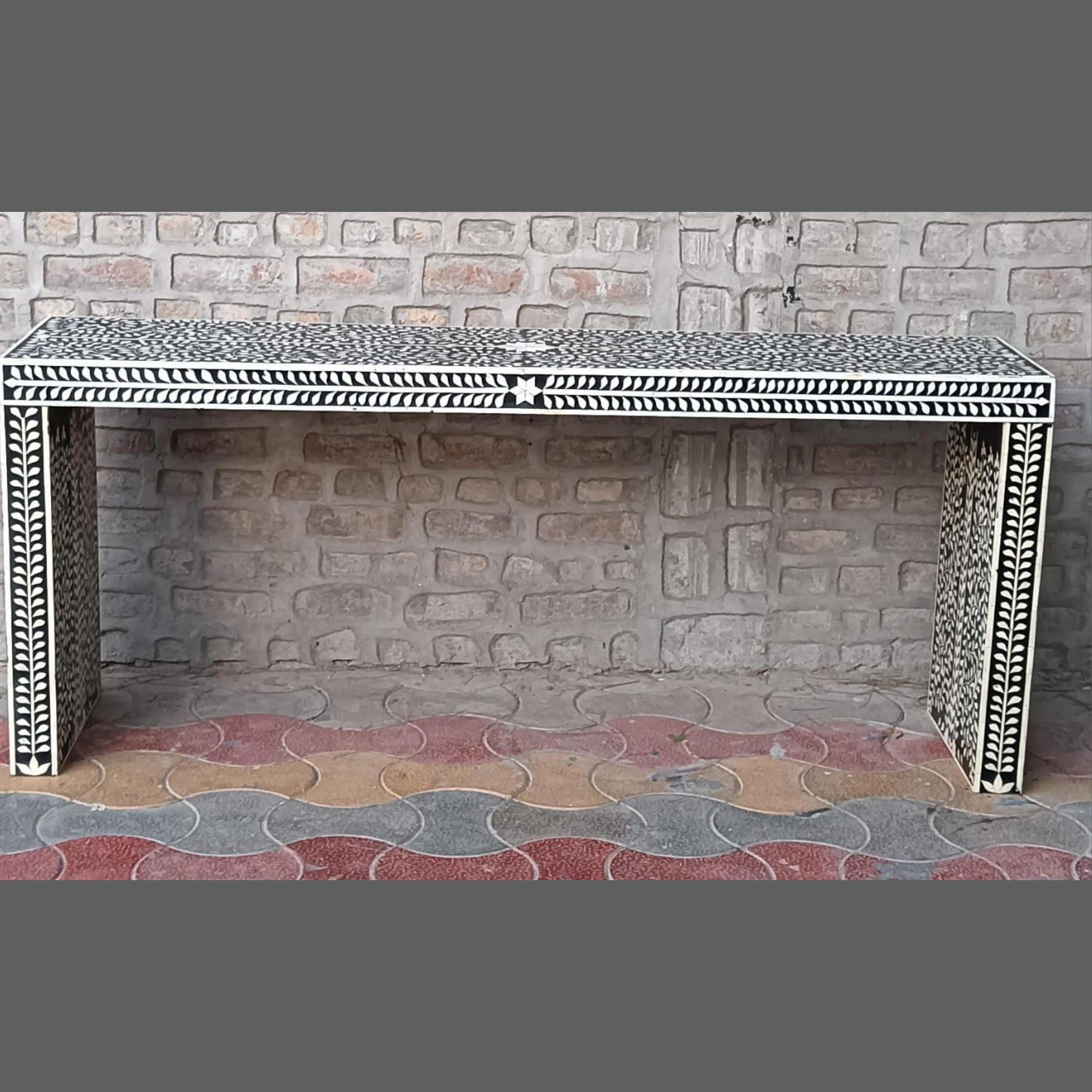 Handmade Black Bone Inlay Floral Waterfall Console Table | Luxury Entryway Console Table | Modern Hallway Furniture