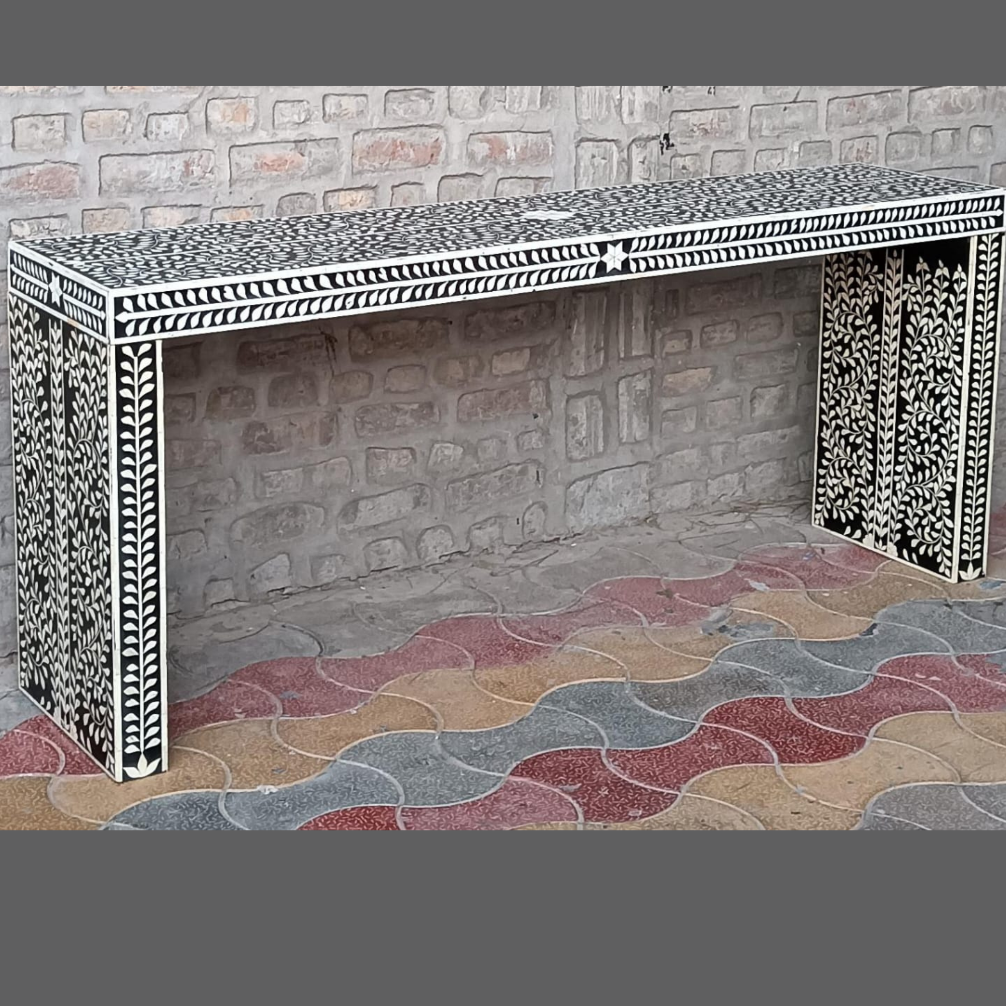 Handmade Black Bone Inlay Floral Waterfall Console Table | Luxury Entryway Console Table | Modern Hallway Furniture
