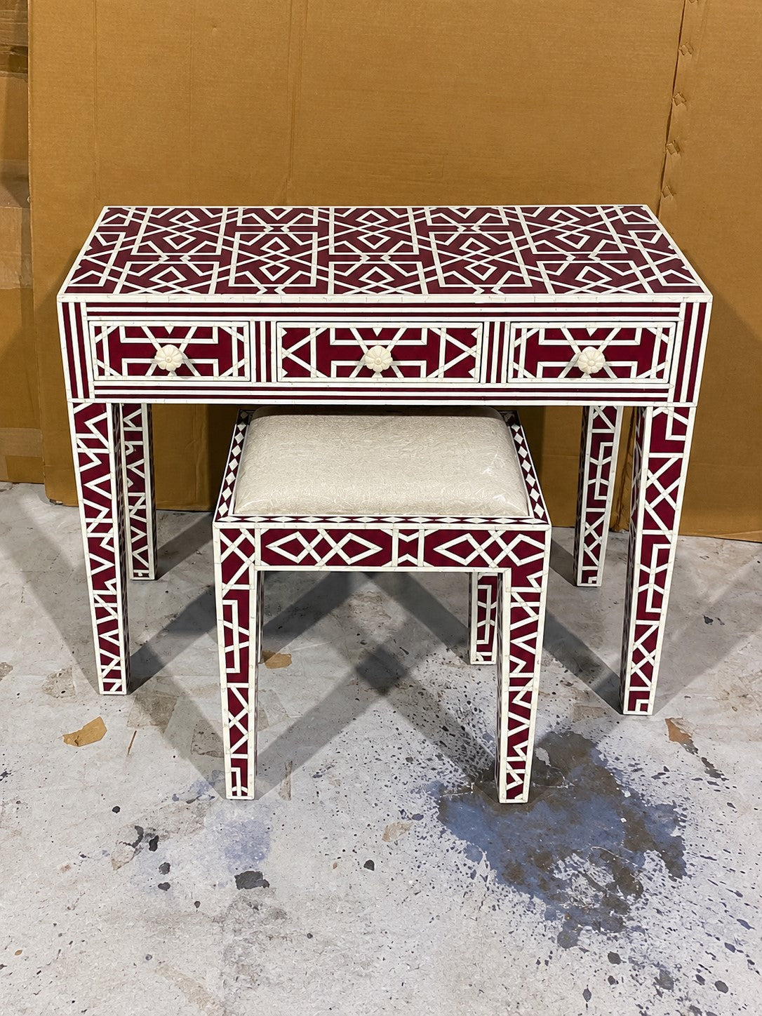 Red Bone Inlay Dressing Table with Stool – Handmade 3 Drawer Vanity Table