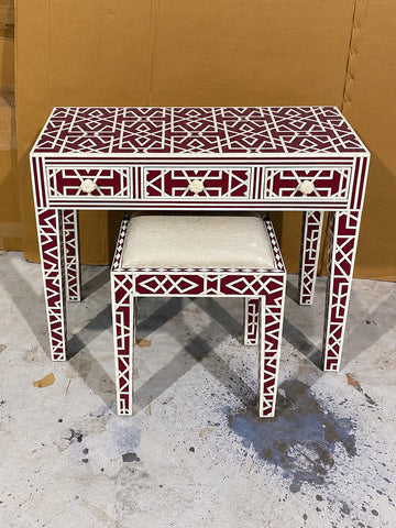 Red Bone Inlay Dressing Table with Stool – Handmade 3 Drawer Vanity Table