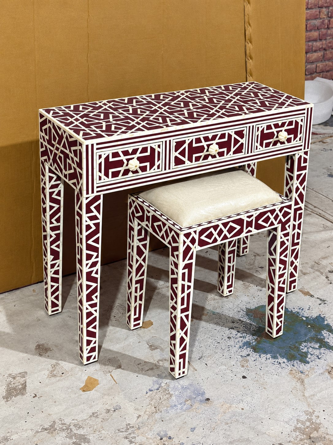 Red Bone Inlay Dressing Table with Stool – Handmade 3 Drawer Vanity Table
