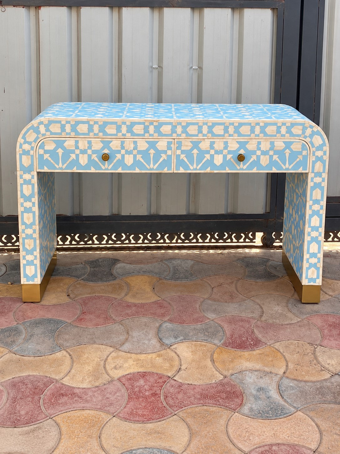 Sky blue and ivory handmade bone inlay console table with two drawers and brass feet