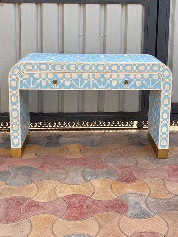 Sky blue and ivory handmade bone inlay console table with two drawers and brass feet