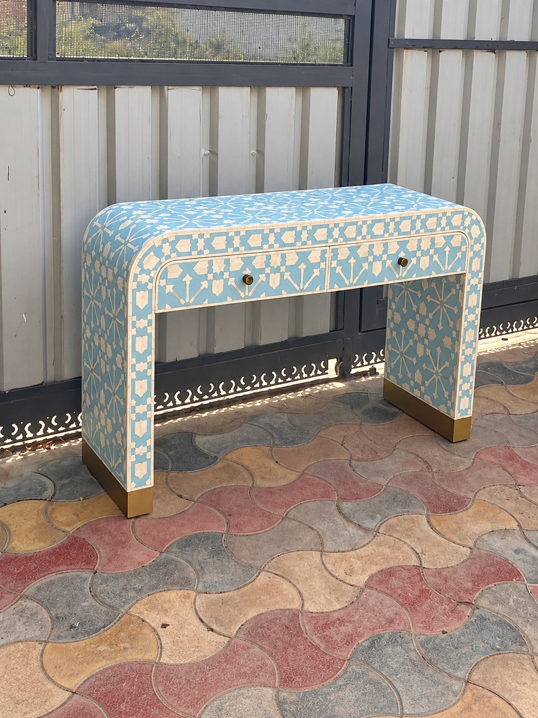 Sky Blue Bone Inlay Console Table – Handmade 2 Drawer Entryway Table