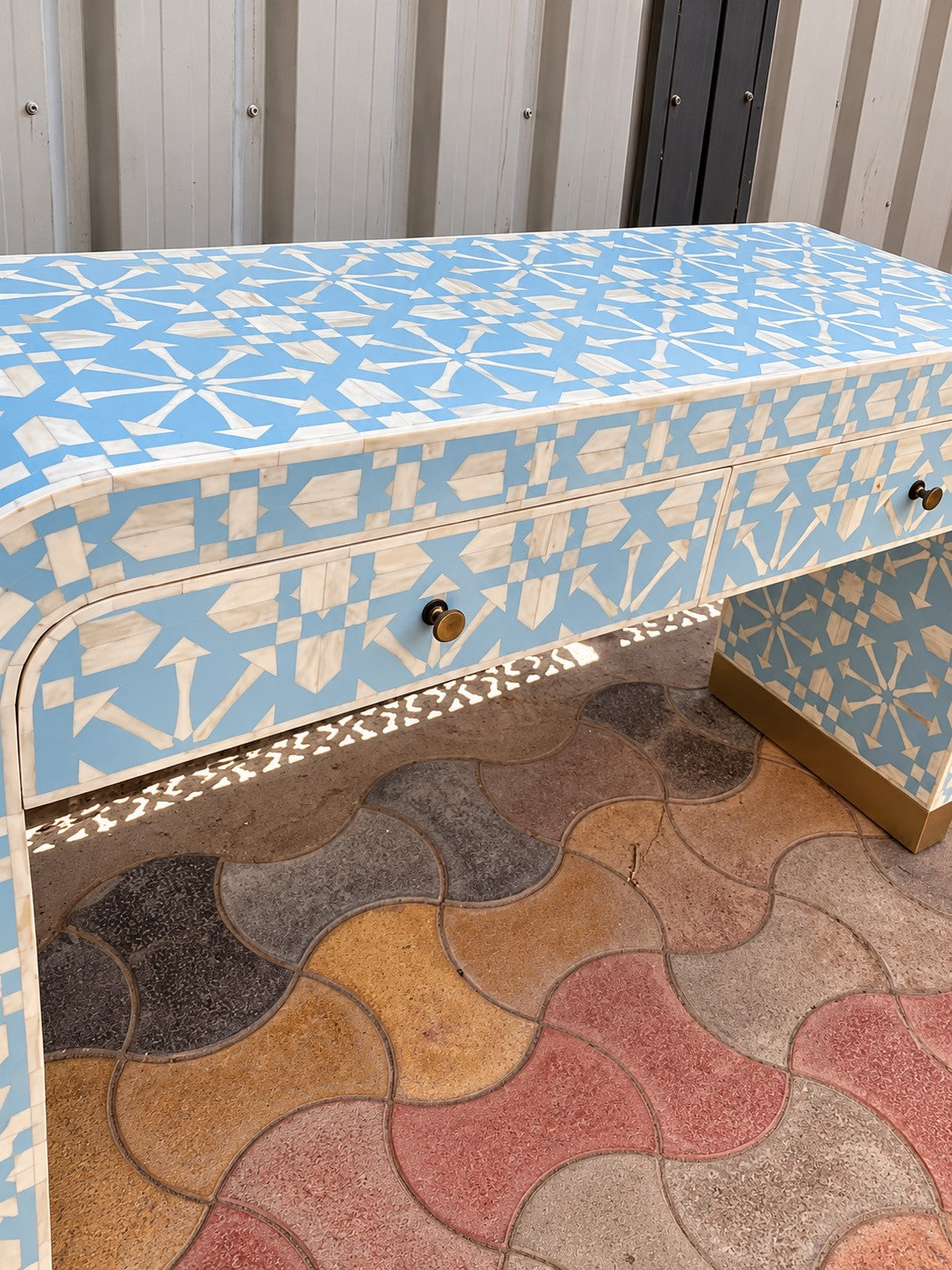 Sky Blue Bone Inlay Console Table – Handmade 2 Drawer Entryway Table