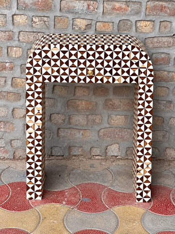 Brown Bone Inlay Console Table with Drawer – Geometric Waterfall Design