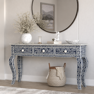 Handmade Bone Inlay Floral Console Table with Curved Legs – Black White Luxury Entryway Table with Drawers