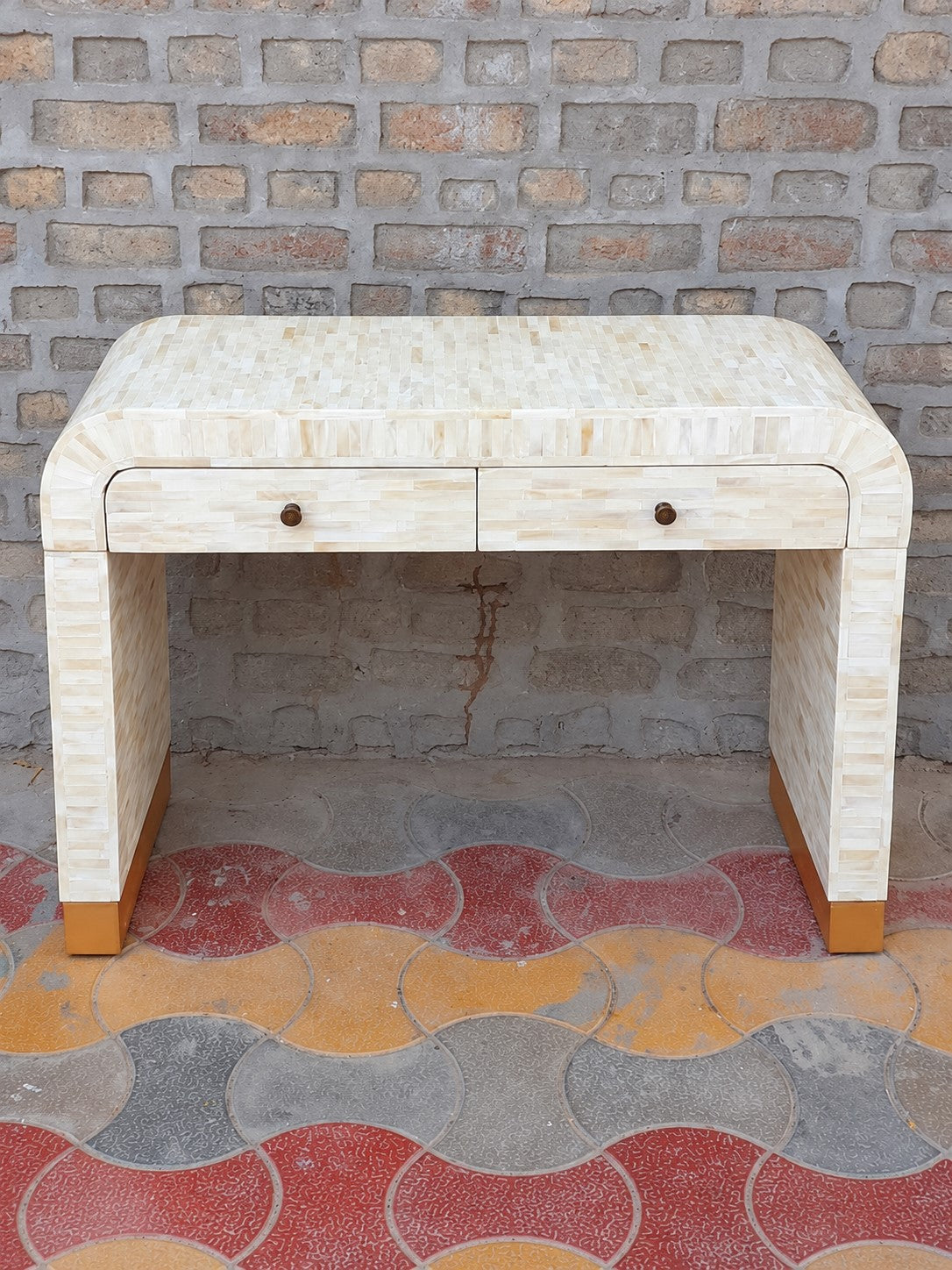 Bone Inlay Console Table with 2 Drawers – Handmade Waterfall Design