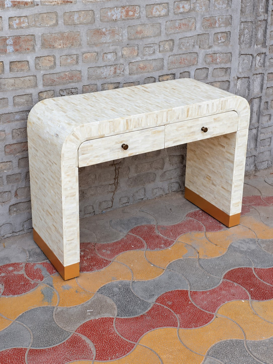 Bone Inlay Console Table with 2 Drawers – Handmade Waterfall Design