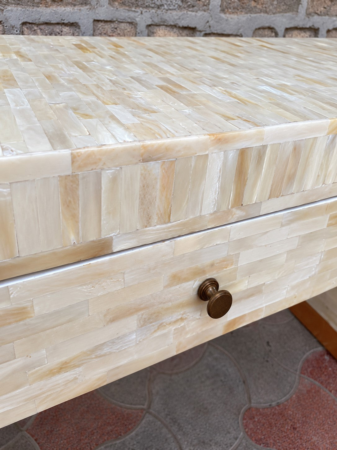 Bone Inlay Console Table with 2 Drawers – Handmade Waterfall Design