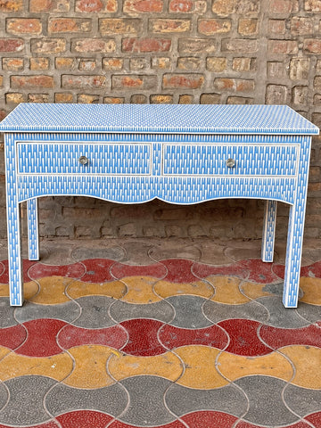 Handmade blue bone inlay console table with two drawers and geometric pattern