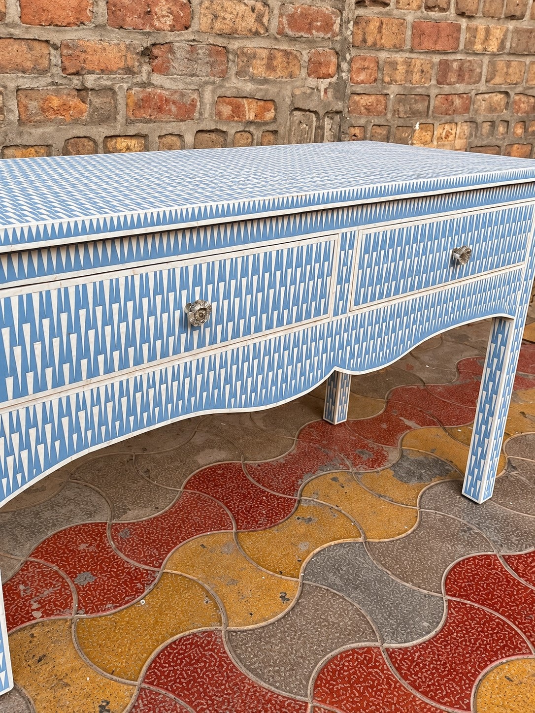 Blue Bone Inlay Console Table with 2 Drawers