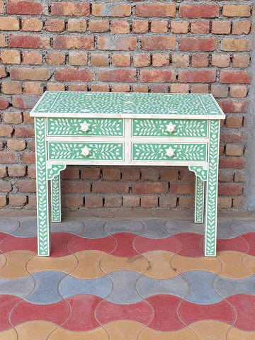Green Bone Inlay Console Table with 4 Drawers – Floral Design