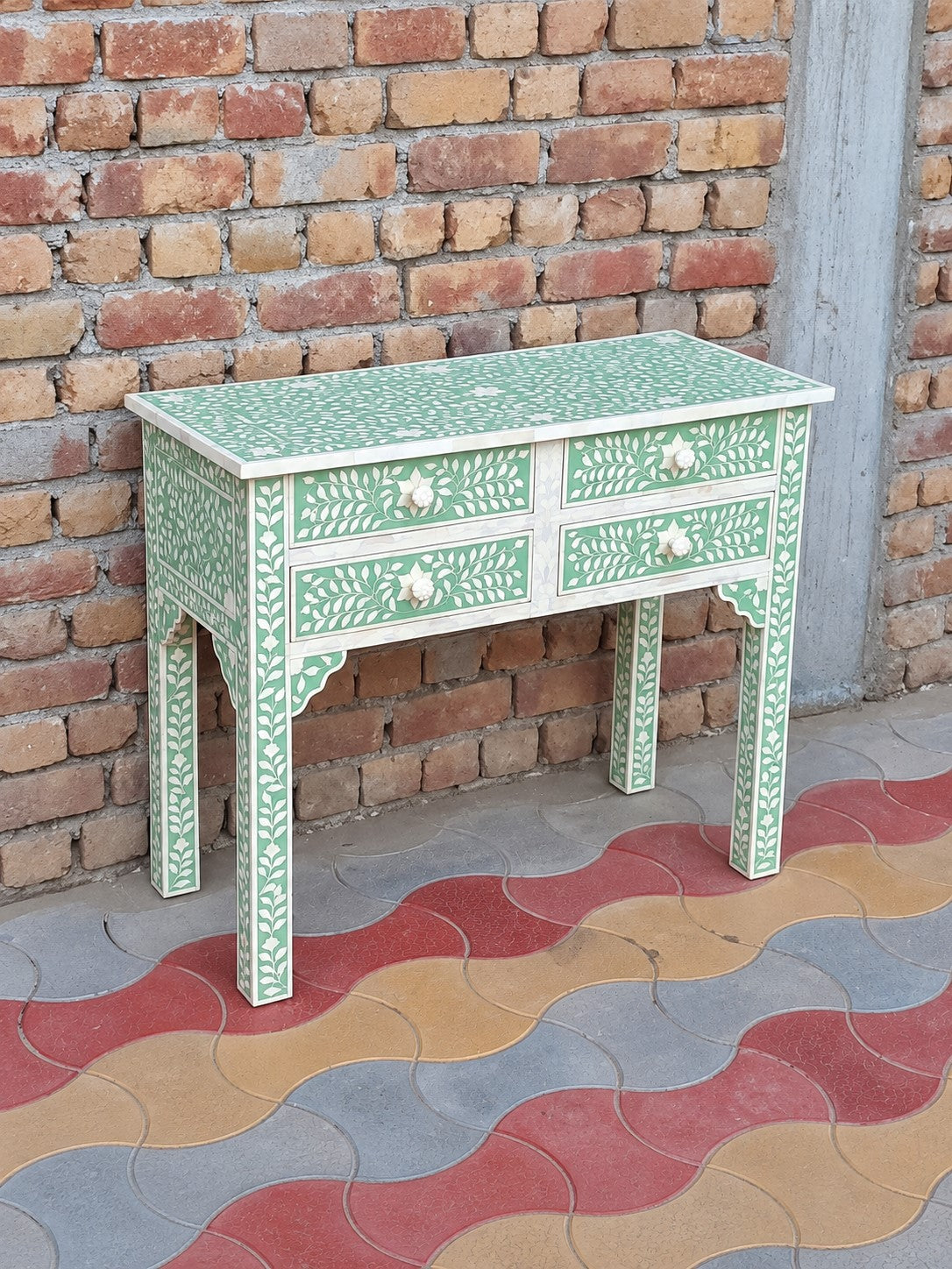 Green Bone Inlay Console Table with 4 Drawers – Floral Design