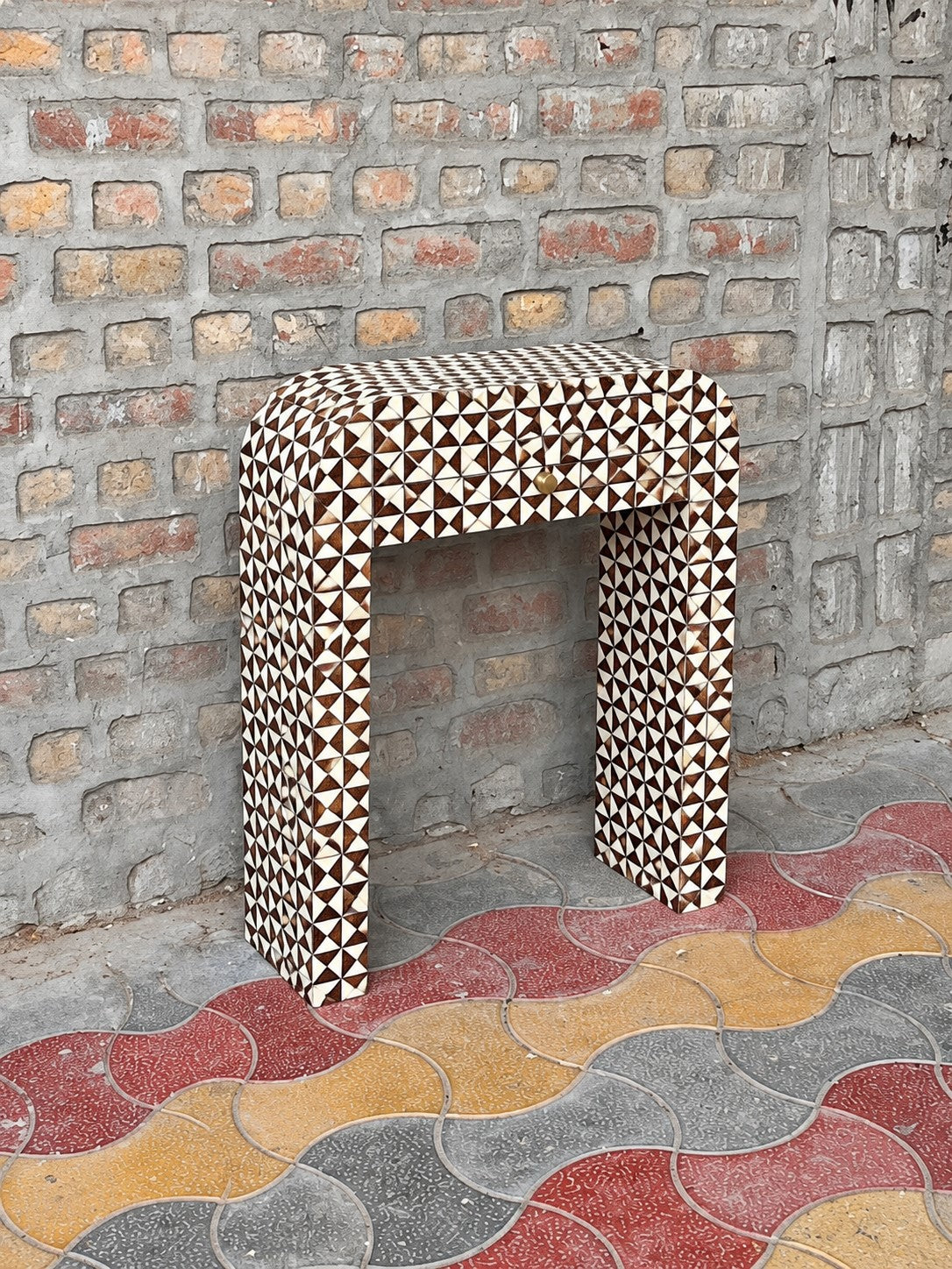 Brown Bone Inlay Console Table with Drawer – Geometric Waterfall Design