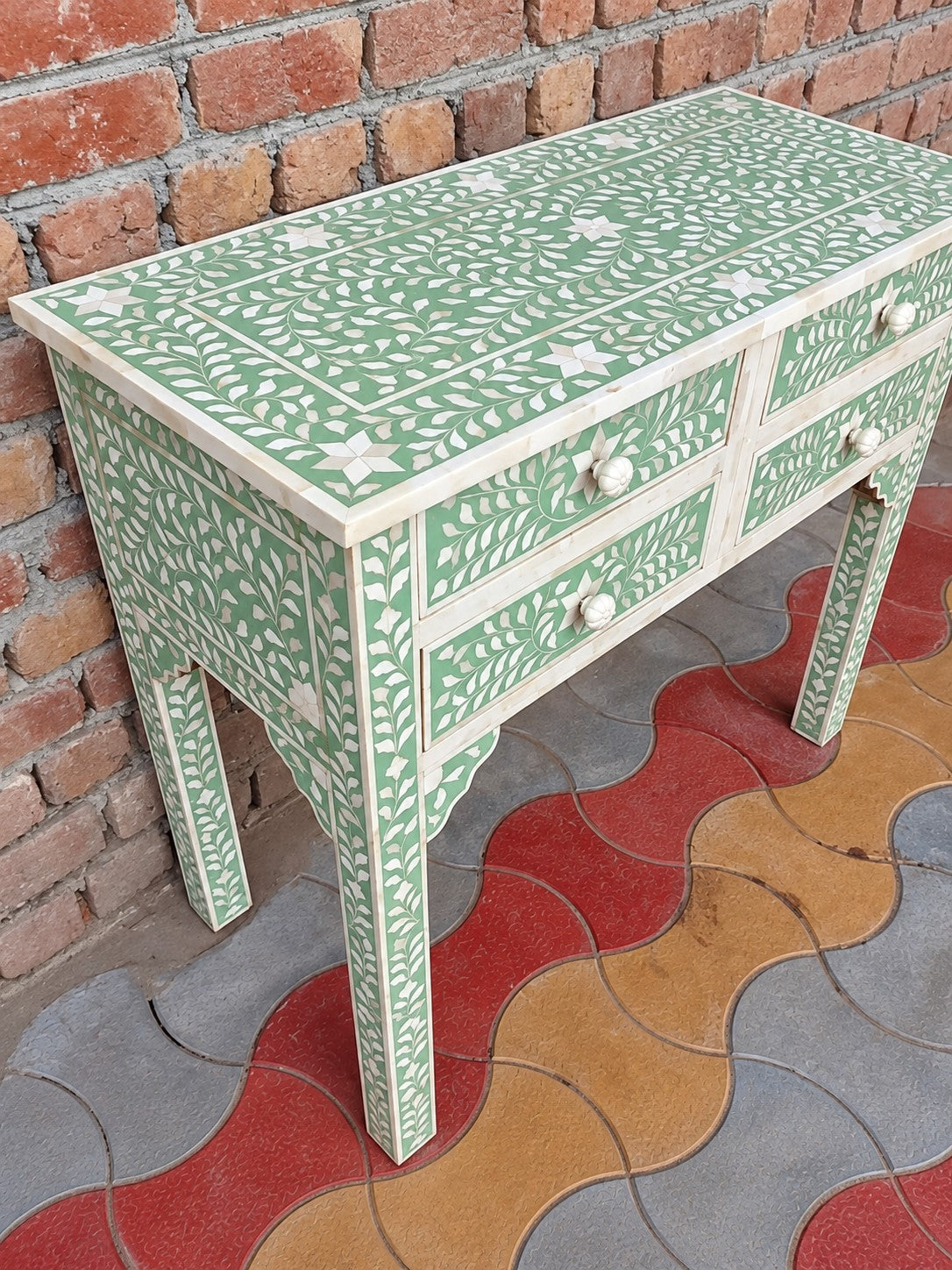 Green Bone Inlay Console Table with 4 Drawers – Floral Design