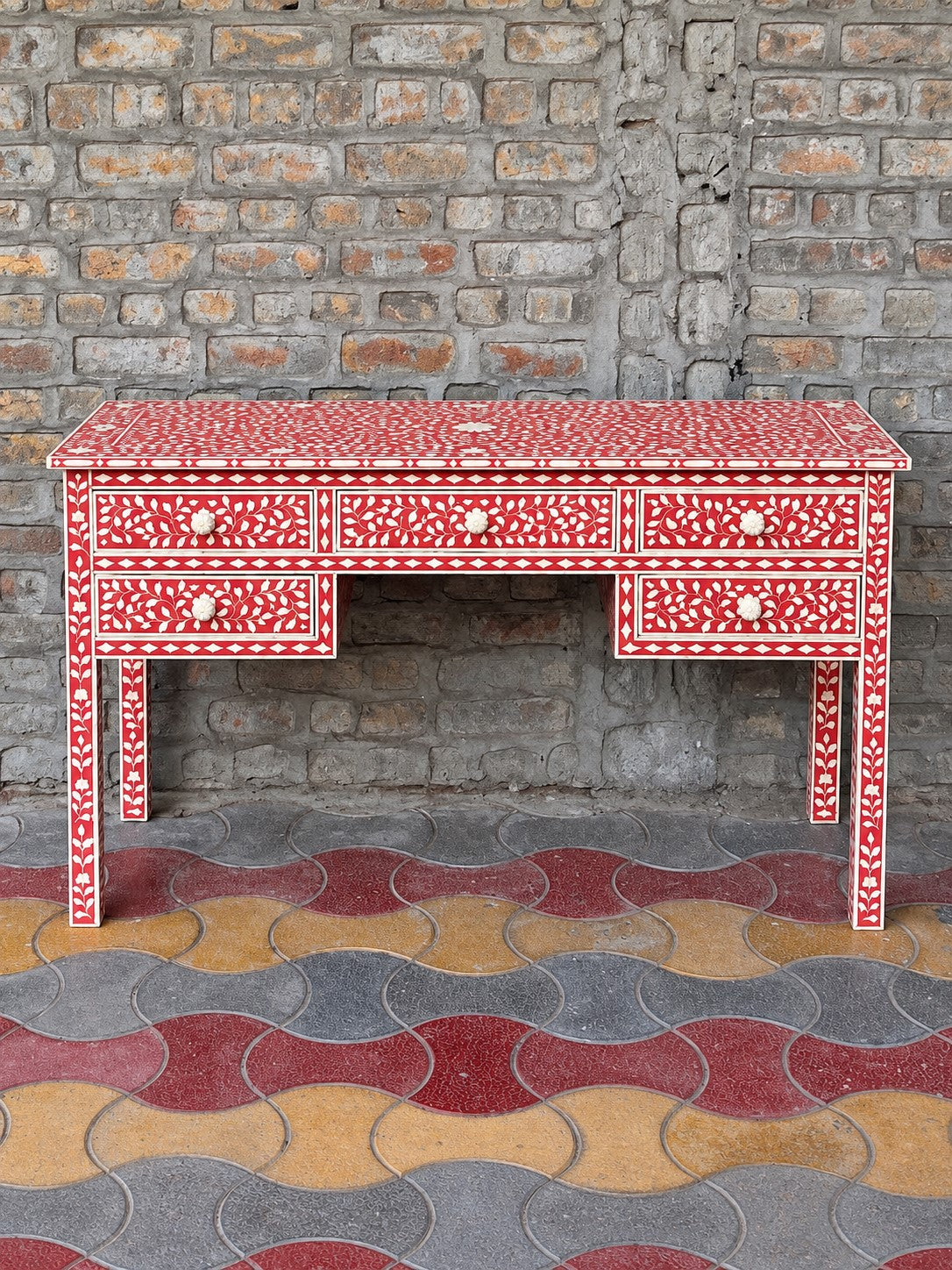 Red Bone Inlay Console Table with 5 Drawers – Floral Design