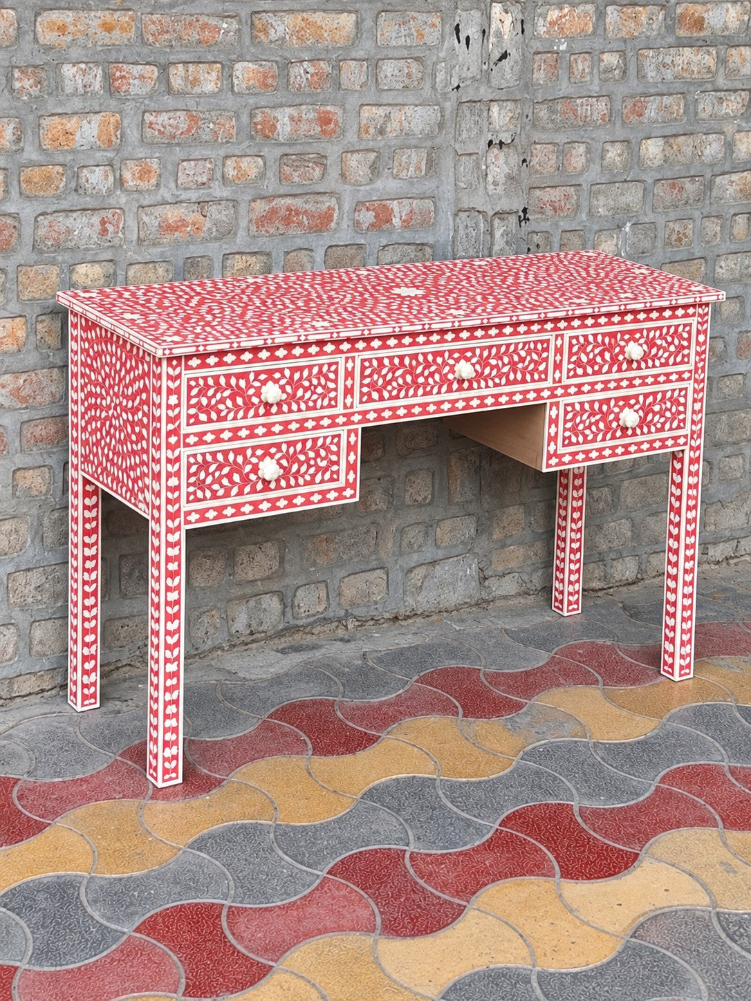 Red Bone Inlay Console Table with 5 Drawers – Floral Design