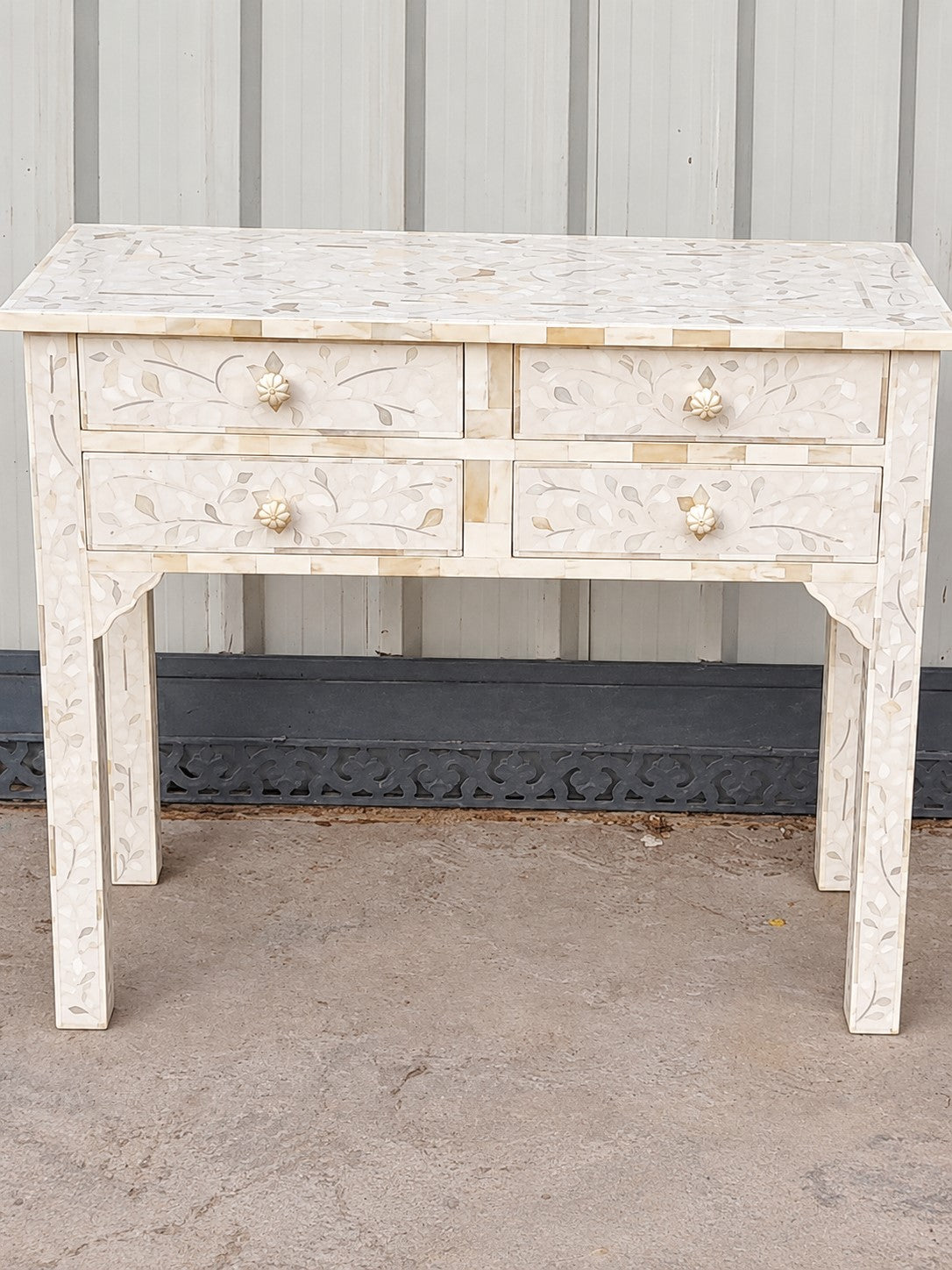 Ivory bone inlay console table with four drawers and handmade floral leaf design