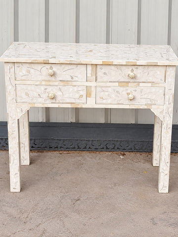 Ivory bone inlay console table with four drawers and handmade floral leaf design