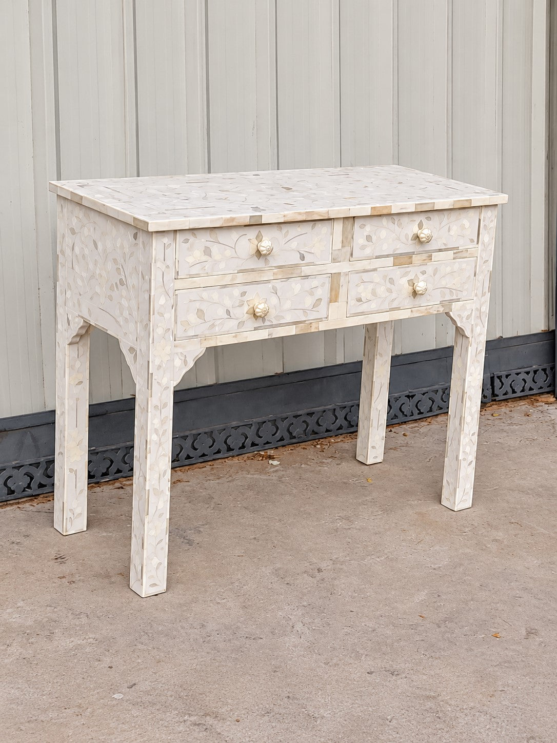 Ivory Bone Inlay Console Table with 4 Drawers – Floral Design