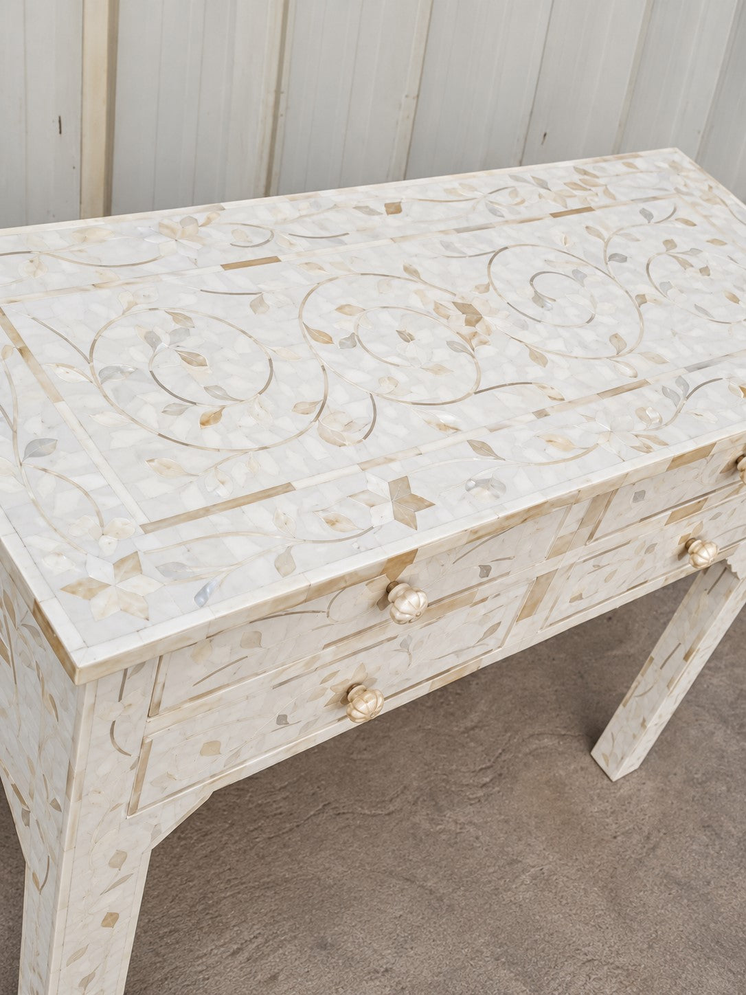 Ivory Bone Inlay Console Table with 4 Drawers – Floral Design