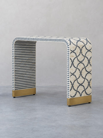 Handmade Bone Inlay Console Table – Black & White Floral Entryway Table with Brass Accents