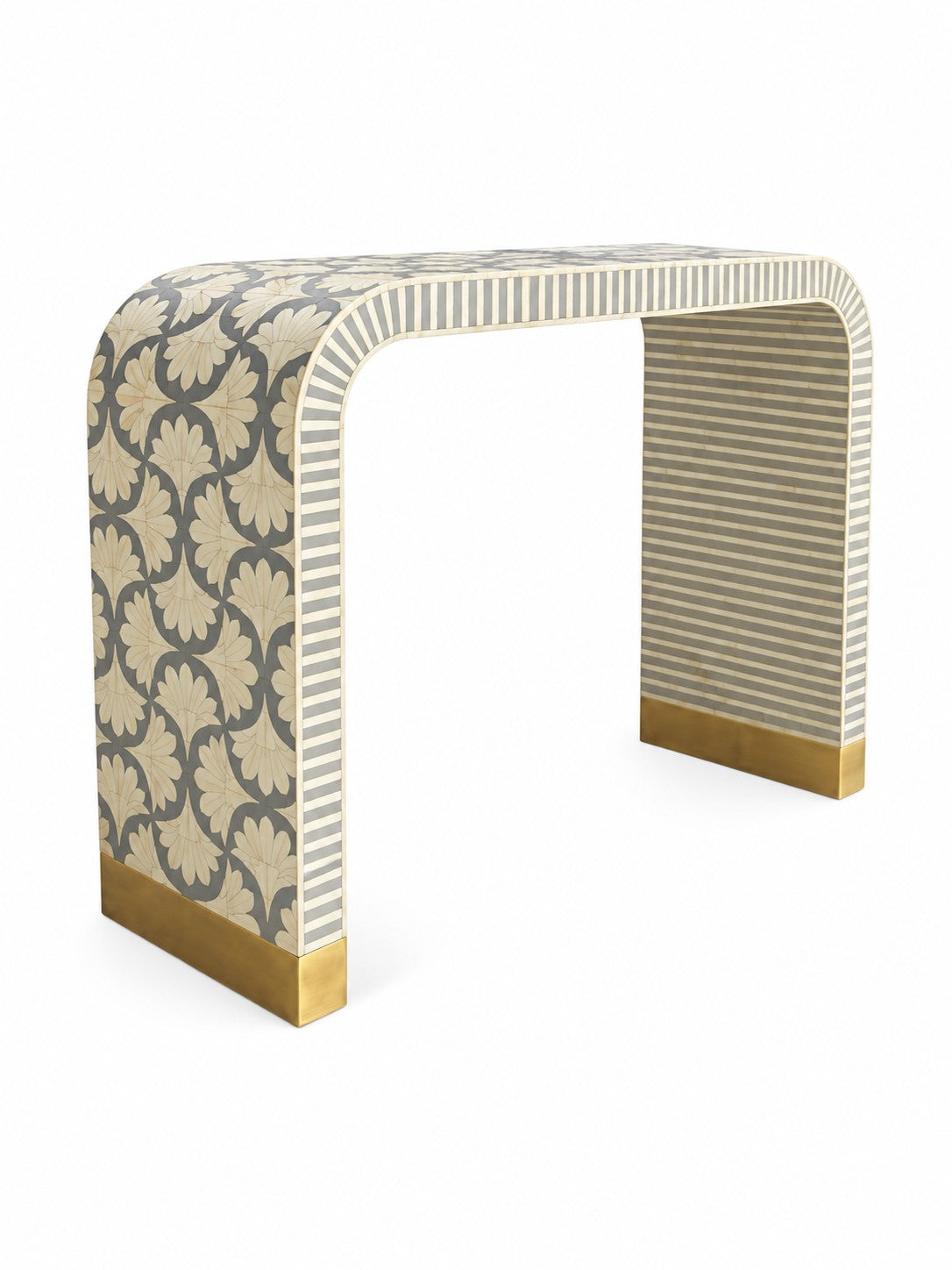 Handmade Bone Inlay Console Table – Black & White Floral Entryway Table with Brass Accents