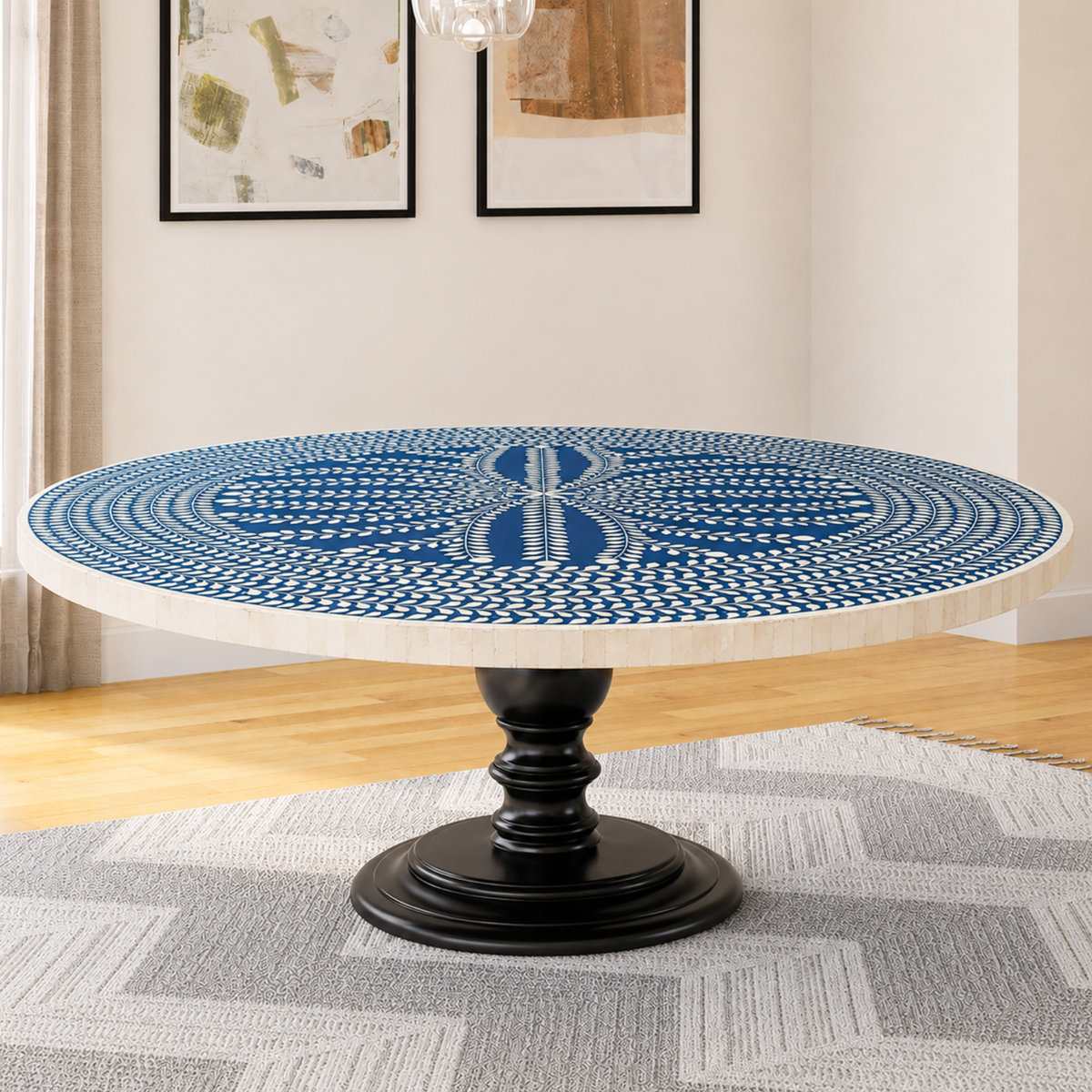 Handmade Blue & White Bone Inlay Round Dining Table – Botanical Vine Design