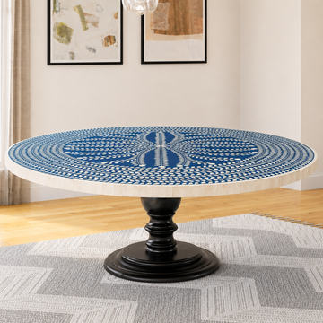 Handmade Blue & White Bone Inlay Round Dining Table – Botanical Vine Design