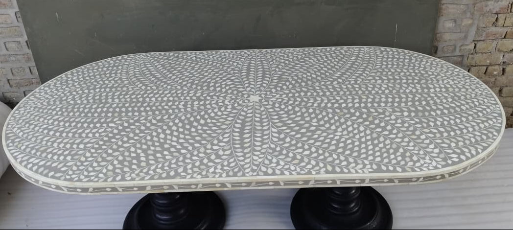 Handmade Grey Bone Inlay Oval Dining Table | Floral Bone Inlay Dining Table