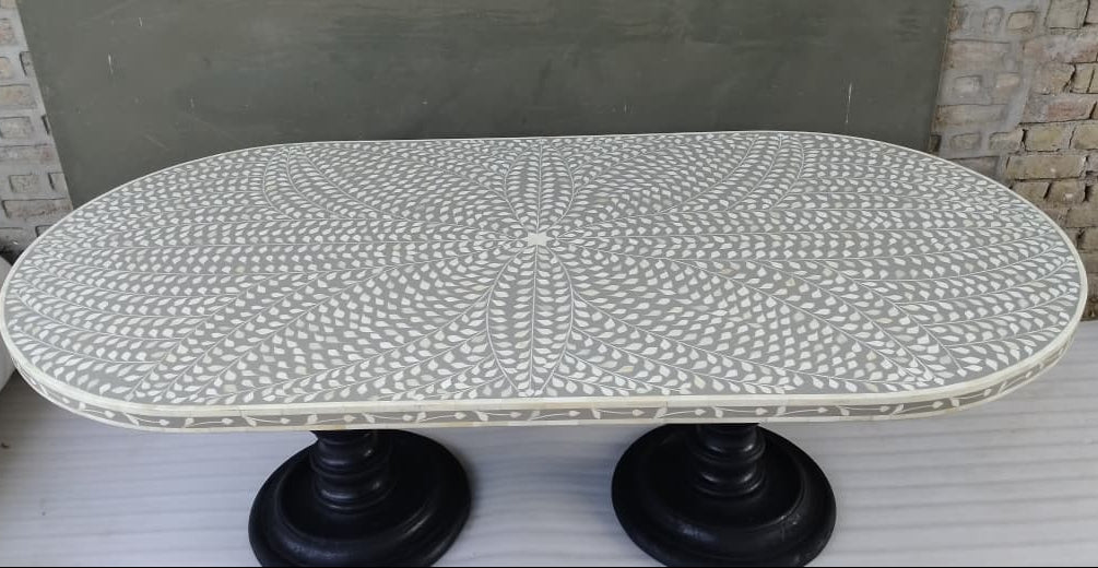 Handmade Grey Bone Inlay Oval Dining Table | Floral Bone Inlay Dining Table