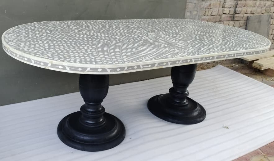 Handmade Grey Bone Inlay Oval Dining Table | Floral Bone Inlay Dining Table