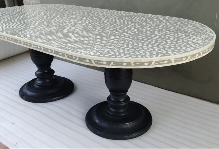 Handmade Grey Bone Inlay Oval Dining Table | Floral Bone Inlay Dining Table