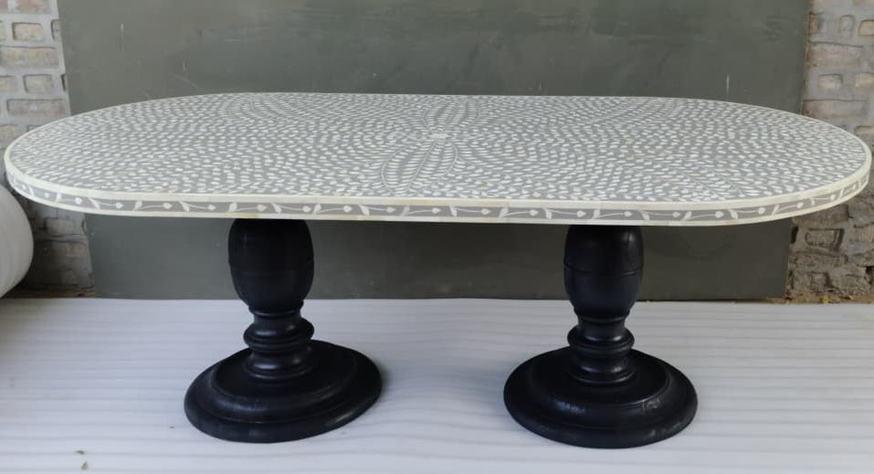 Handmade Grey Bone Inlay Oval Dining Table | Floral Bone Inlay Dining Table
