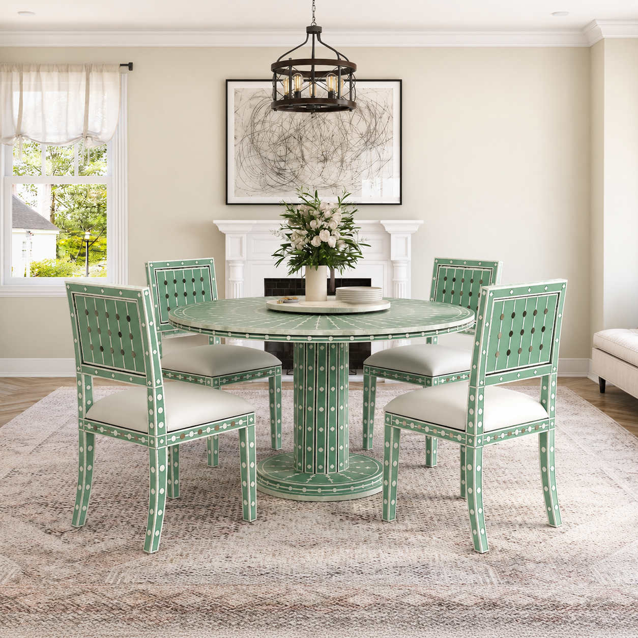 Bone Inlay Dining Table Handmade Luxury Dining Table Geometric Floral Inlay Table Wooden Dining Furniture Boho Chic Home