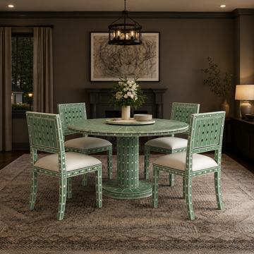 Bone Inlay Dining Table Handmade Luxury Dining Table Geometric Floral Inlay Table Wooden Dining Furniture Boho Chic Home