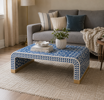 Handmade Blue Bone Inlay Coffee Table – Waterfall Design Living Room Table