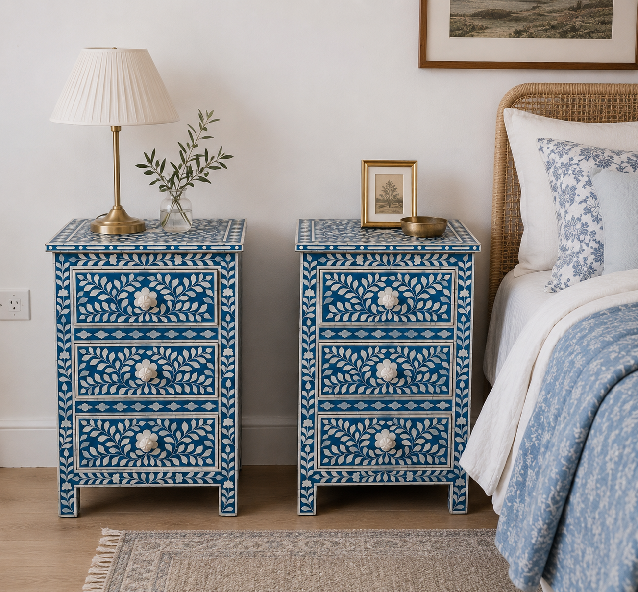 Set of 2 Handmade Blue Bone Inlay Bedside Tables – Floral Pattern Nightstands