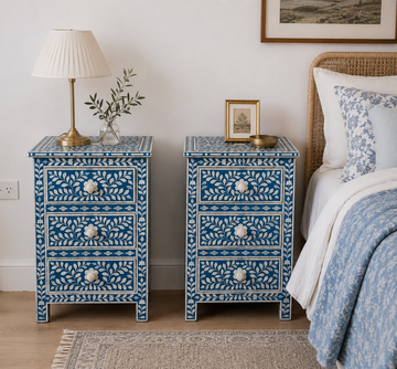 Set of 2 Handmade Blue Bone Inlay Bedside Tables – Floral Pattern Nightstands
