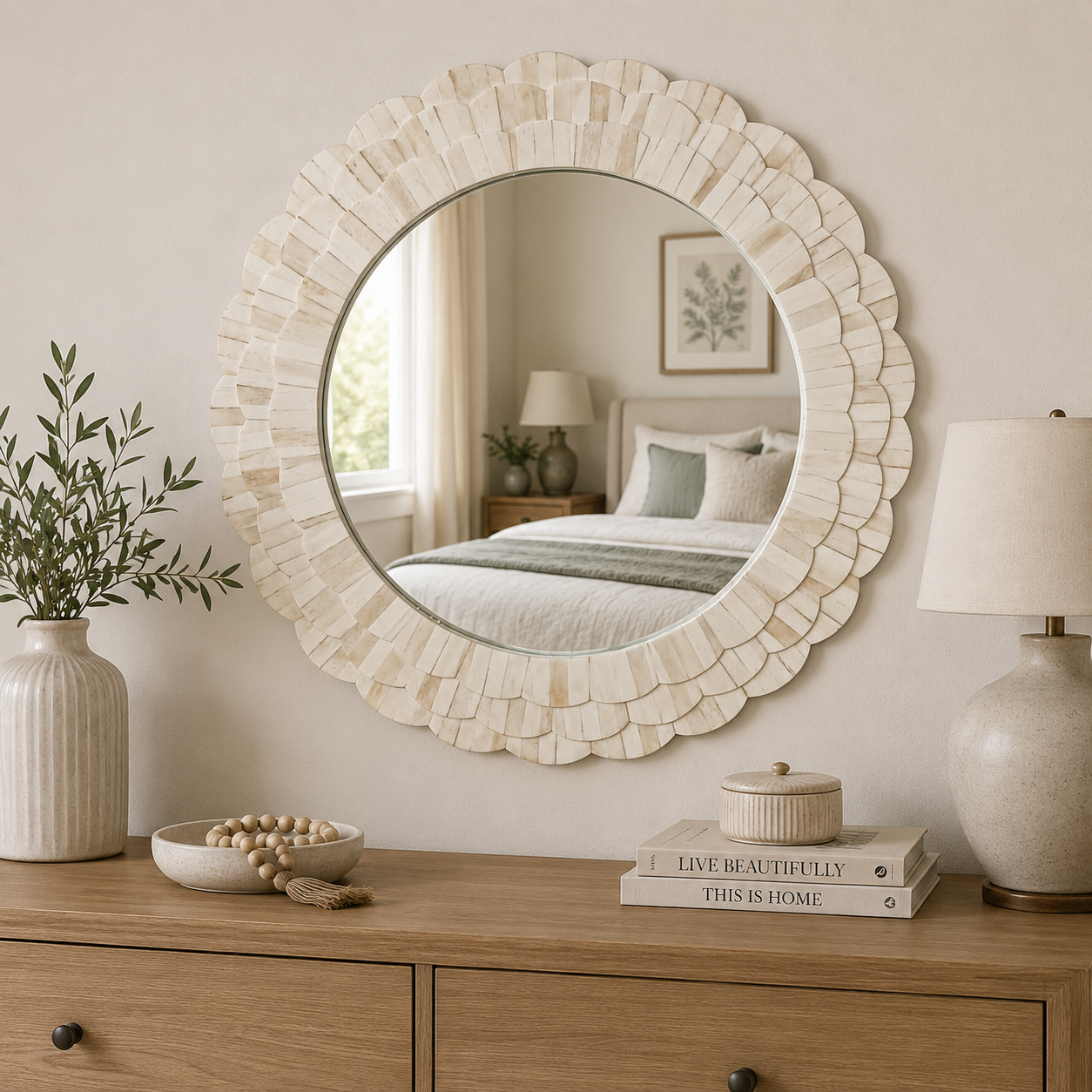 Handmade White Bone Inlay Round Wall Mirror – Scalloped Floral Frame