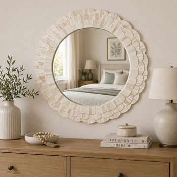 Handmade White Bone Inlay Round Wall Mirror – Scalloped Floral Frame